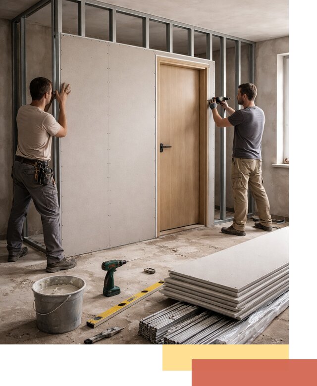 Перегородка из гипсокартона с дверью под ключ в Сегеже