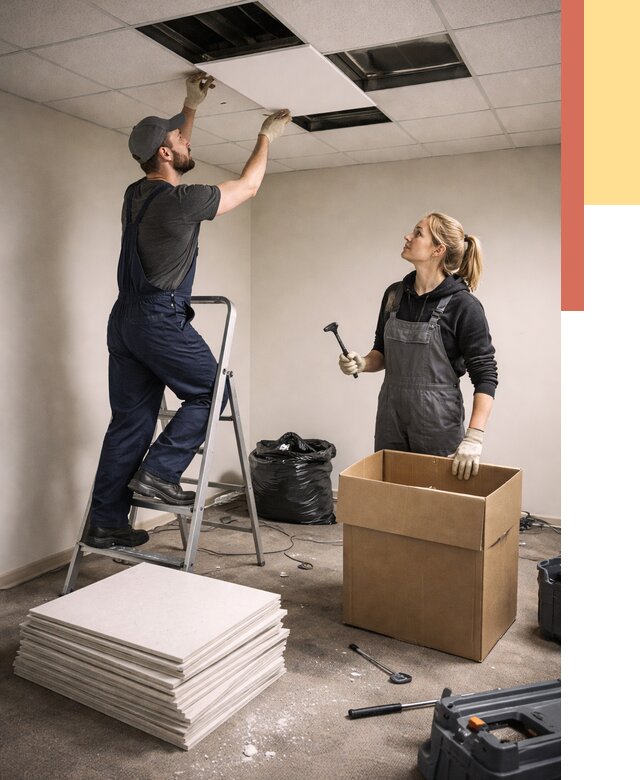 Демонтаж потолочной плитки в Сегеже от 4682 руб. быстро и недорого | ОТДЕЛОЧНИК-Сгж