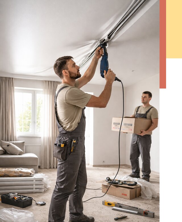 Монтаж сатинового натяжного потолка в Сегеже от 3642 руб. | Быстро, недорого — ОТДЕЛОЧНИК-Сгж