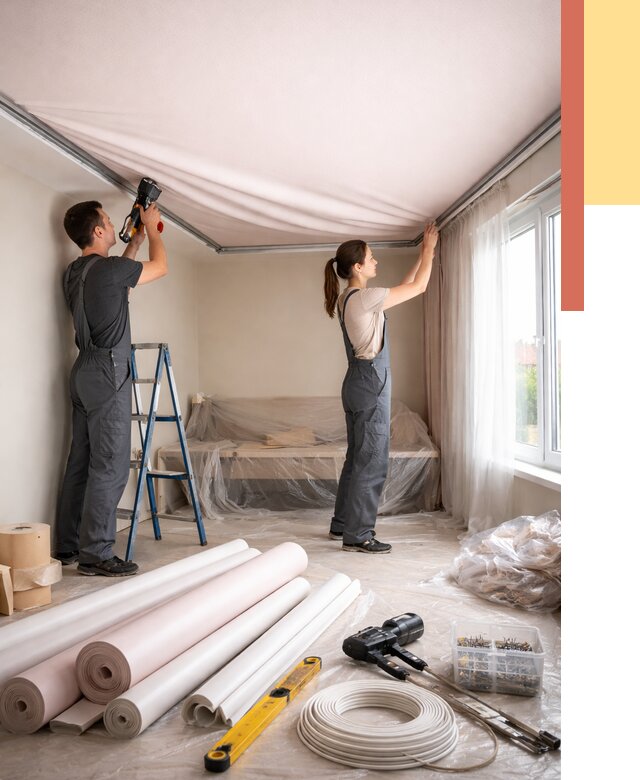 Монтаж цветного натяжного потолка в Сегеже от 4370 руб/м² — быстро и недорого | ОТДЕЛОЧНИК-Сгж