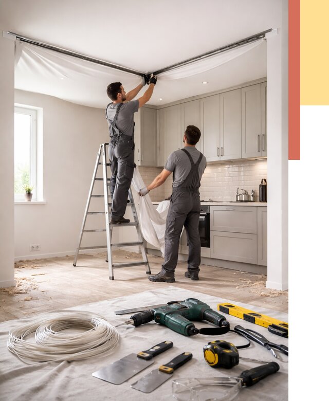 Установка натяжного потолка на кухне в Сегеже от 2497 руб. | ОТДЕЛОЧНИК-Сгж