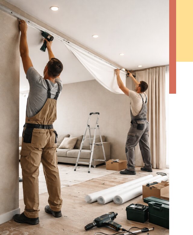 Монтаж натяжного потолка в гостиной в Сегеже от 572 руб. | ОТДЕЛОЧНИК-Сгж