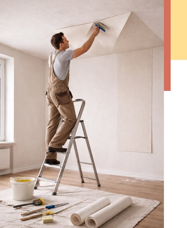 Поклейка обоев на потолок в Сегеже от 4682 руб. быстро и недорого | ОТДЕЛОЧНИК-Сгж